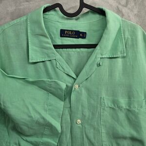 Polo‎ Ralph Lauren Size XL Green Linen Silk Short Sleeve Button Down Shirt